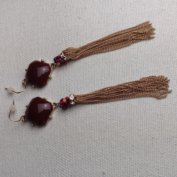 Mia Collection Gold Tone Bordeaux Stone Rhinestone Chain Fringe Drop Earrings - Picture 4 of 8